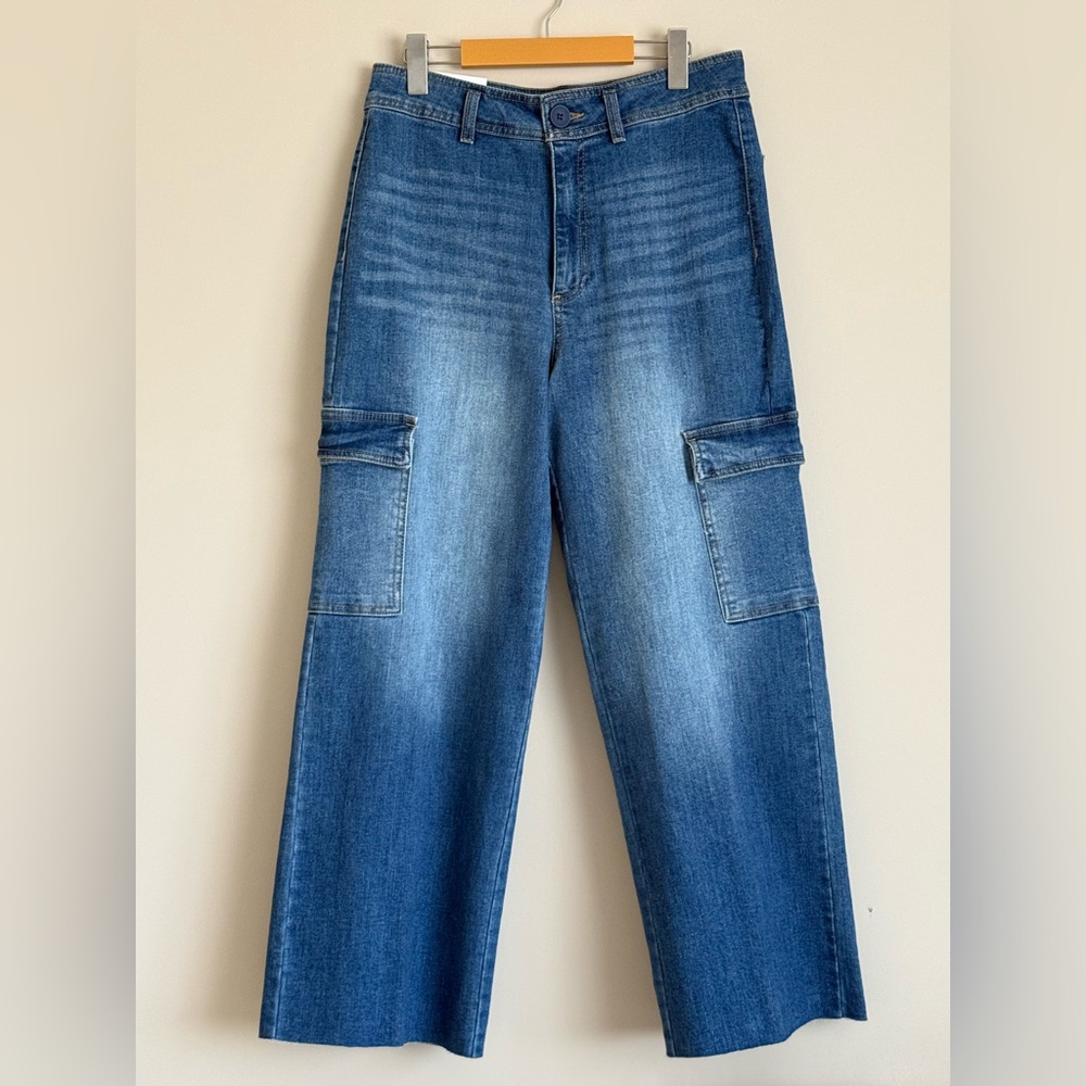 Oat New York High-Rise Wide Leg Cargo Jeans in Blue